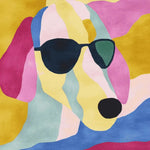 Vibrant and colorful Glam Pup Mood Hand Tufted Area Rug featuring a playful dog design with sunglasses in bold hues of pink, yellow, and blue. This wool rug adds a contemporary touch to any living room space.