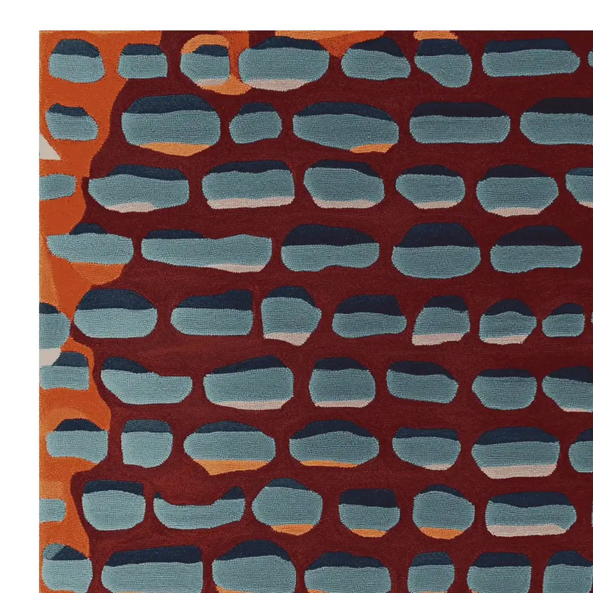 Contemporary area rug in an abstract pattern of blue and orange shapes on a deep red background. Perfect wool rug for living room settings, sized 8x10, adding a modern touch to your decor.