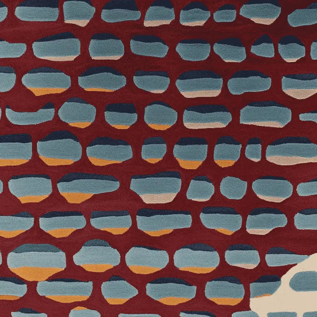 A vibrant area rug featuring a contemporary design with abstract blue and orange shapes on a rich red background. This hand-tufted wool rug is perfect for adding a splash of color to living room spaces, especially in an 8x10 size. Ideal for those seeking unique and stylish rugs for living rooms.