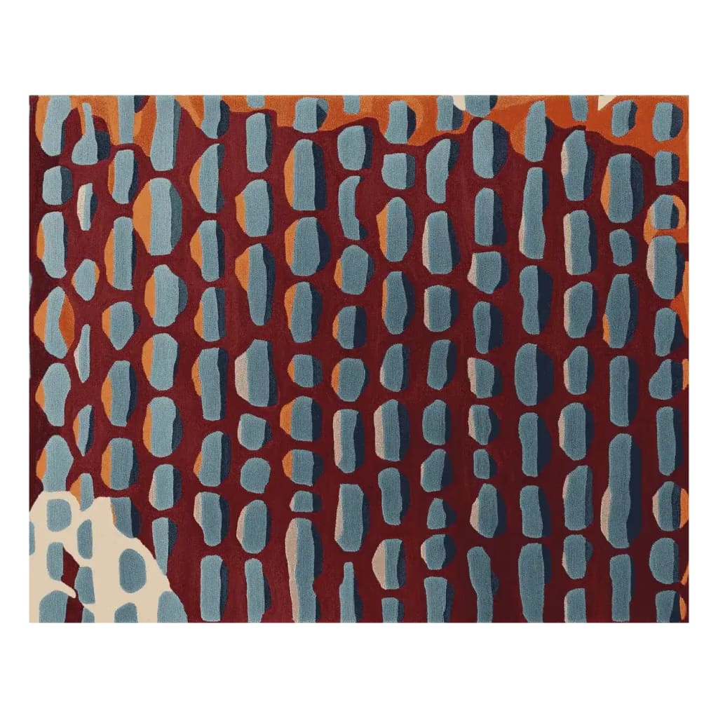 Top view of the Glide Layer Current Hand Tufted Area Rug showcasing an abstract pattern with blue and orange shapes on a rich maroon wool rug. Perfect for adding a contemporary touch to living room rugs in an 8x10 size.