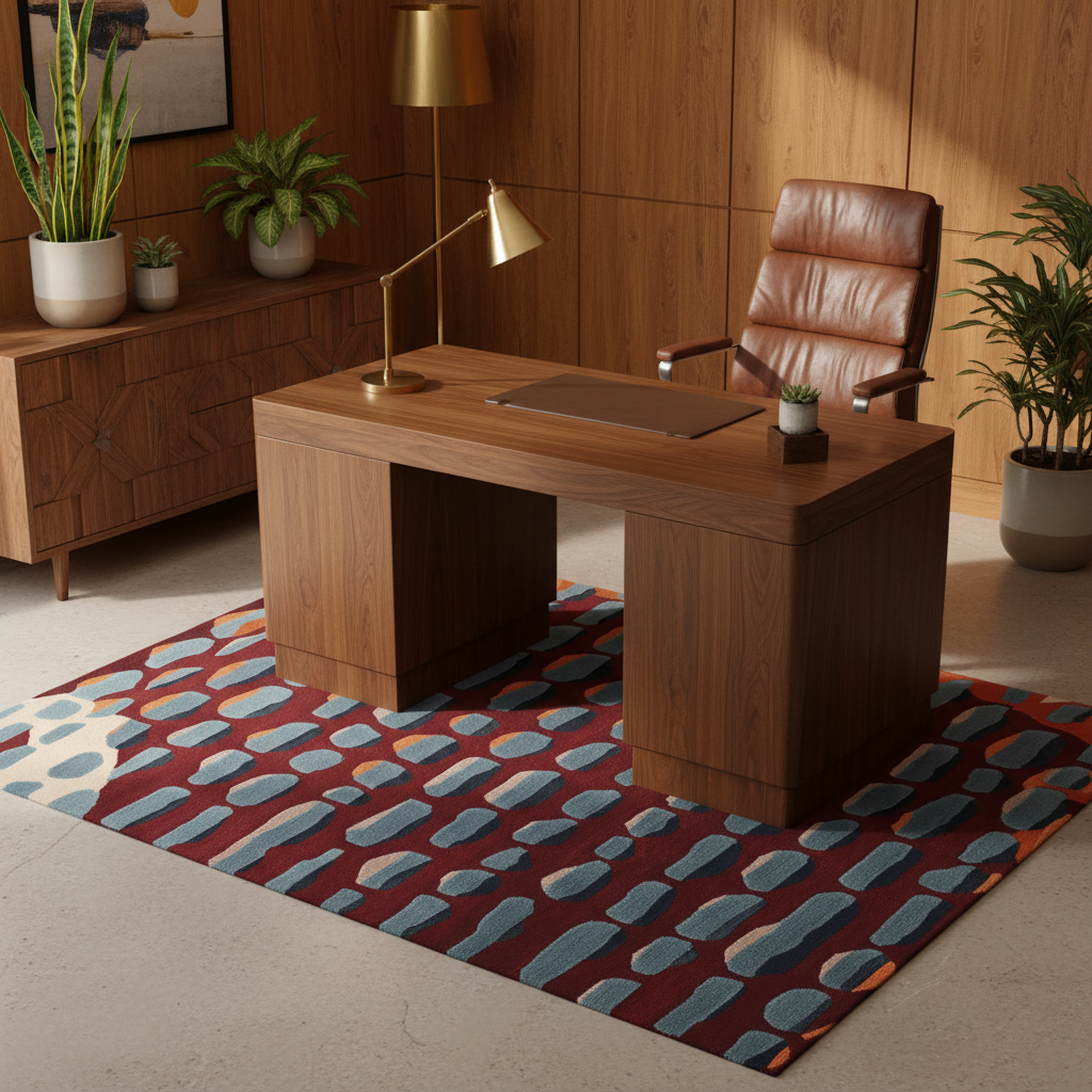 Wooden desk with leather chair in a room with plants, maroon rug, and a lamp.