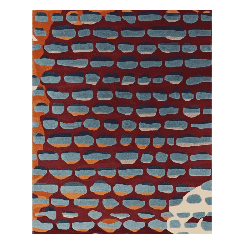 The Glide Layer Current Hand Tufted Area Rug showcases an abstract pattern with vibrant hues of orange, blue, and burgundy, perfect for a contemporary living room. This wool rug, sized 8x10, adds a modern touch to any space, making it an ideal choice for those seeking stylish rugs for the living room.