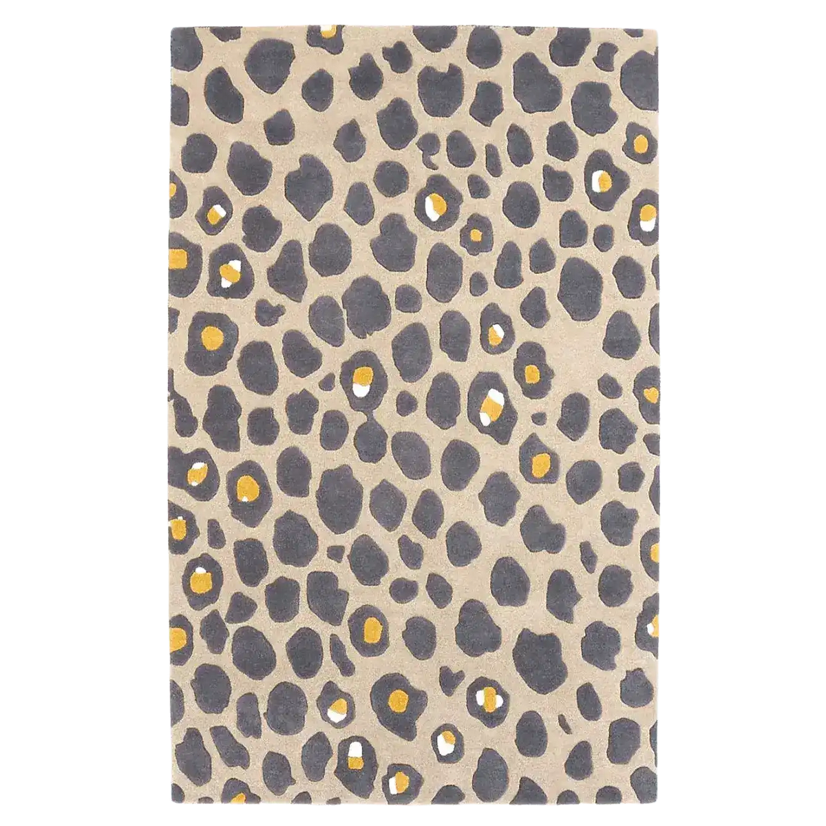 This image features a top view of the Gold and Gray Leopard Spots Hand Tufted Wool Rug, an elegant large area rug perfect for a living room. The wool rug showcases a vintage design with abstract leopard spots in shades of gold and gray, providing a stylish accent to any living space.