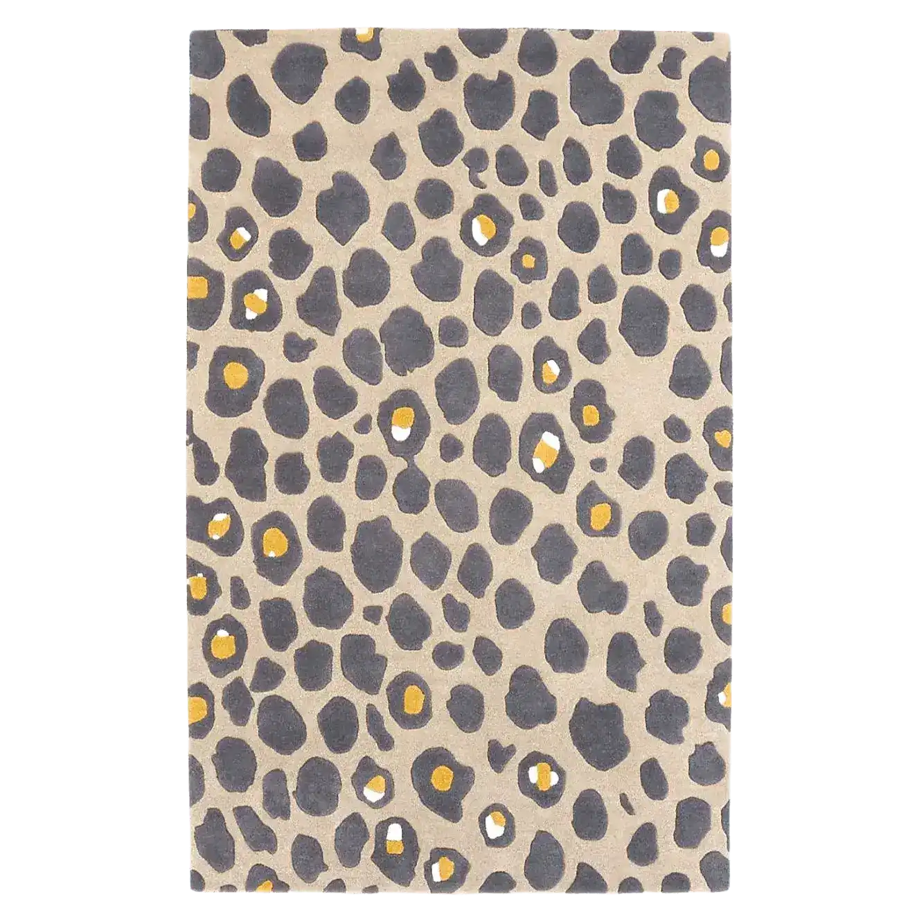 This image features a top view of the Gold and Gray Leopard Spots Hand Tufted Wool Rug, an elegant large area rug perfect for a living room. The wool rug showcases a vintage design with abstract leopard spots in shades of gold and gray, providing a stylish accent to any living space.
