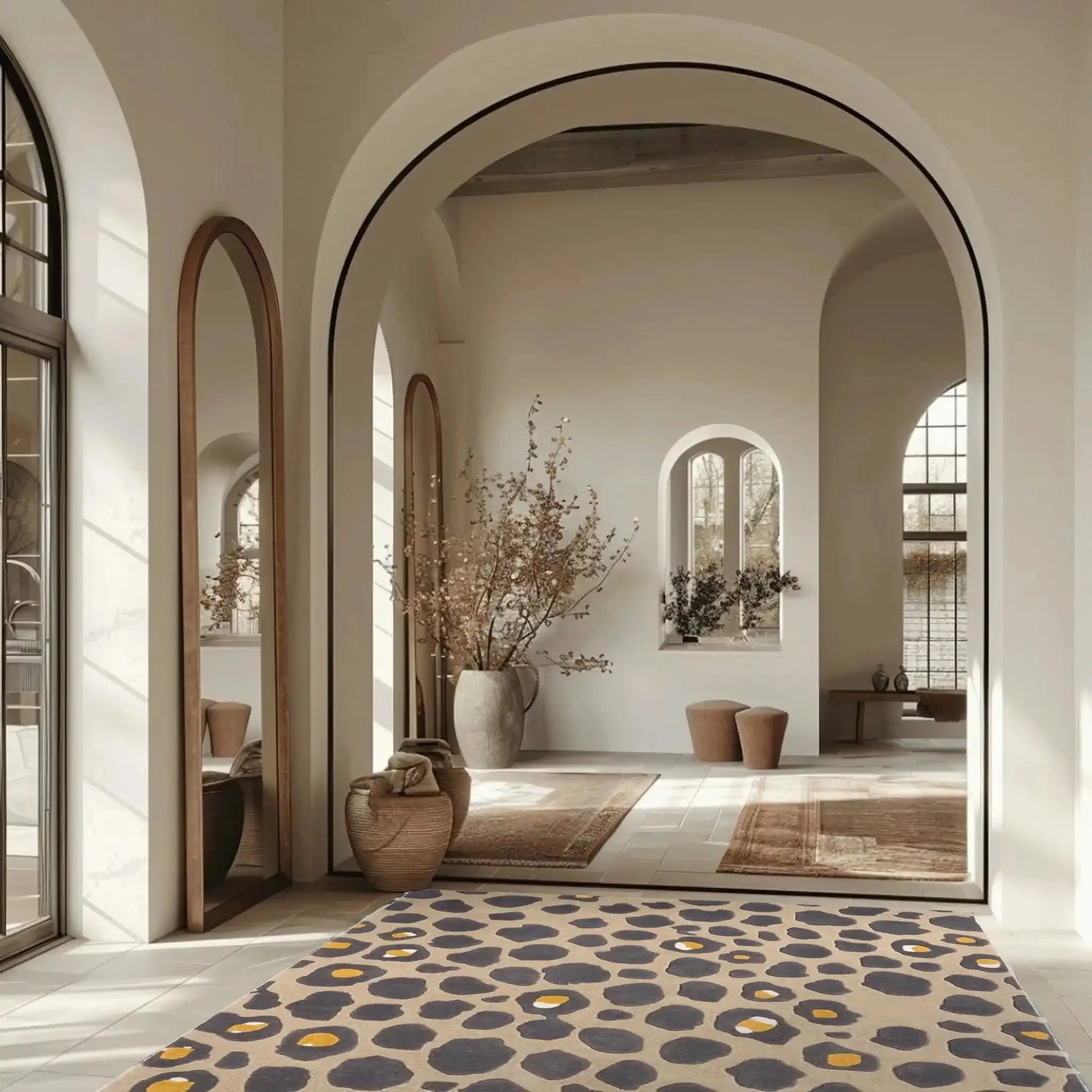 A stylish living room featuring a Gold and Gray Leopard Spots Hand Tufted Wool Rug. This large area rug, perfect for vintage and modern decor, adds a touch of elegance with its unique pattern. It's an ideal wool rug for spacious living rooms, enhancing the room's aesthetic with its luxurious design.