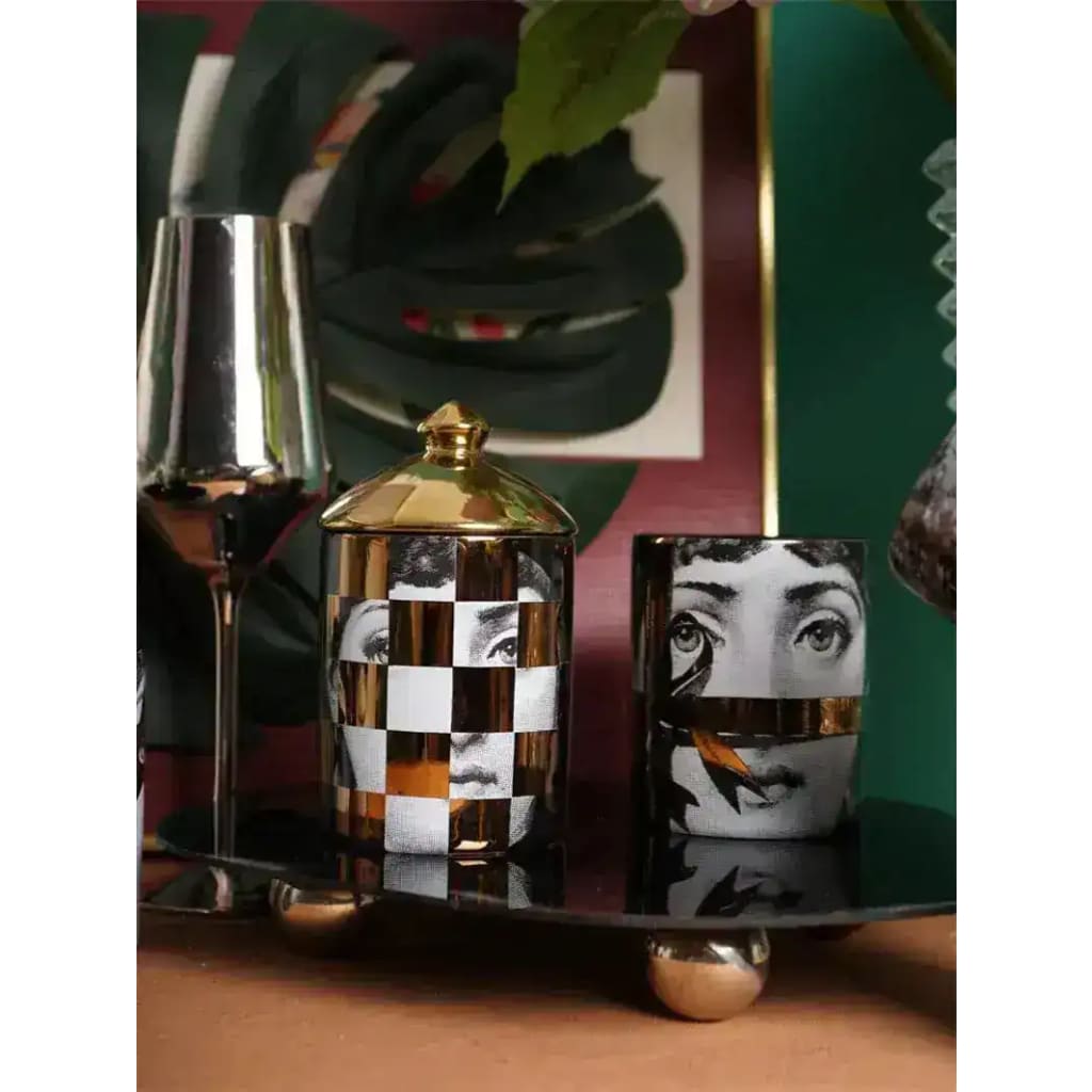Gold Checker Lina Cavalieri Ceramic Aromatherapy Candle Jar with Lid