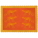 A vibrant hand-tufted wool area rug featuring gold leopard designs against a rich desert orange background, perfect for dining rooms and living room spaces. This 8x10 rug adds a bold touch to living room decor with its scalloped edges and striking pattern.