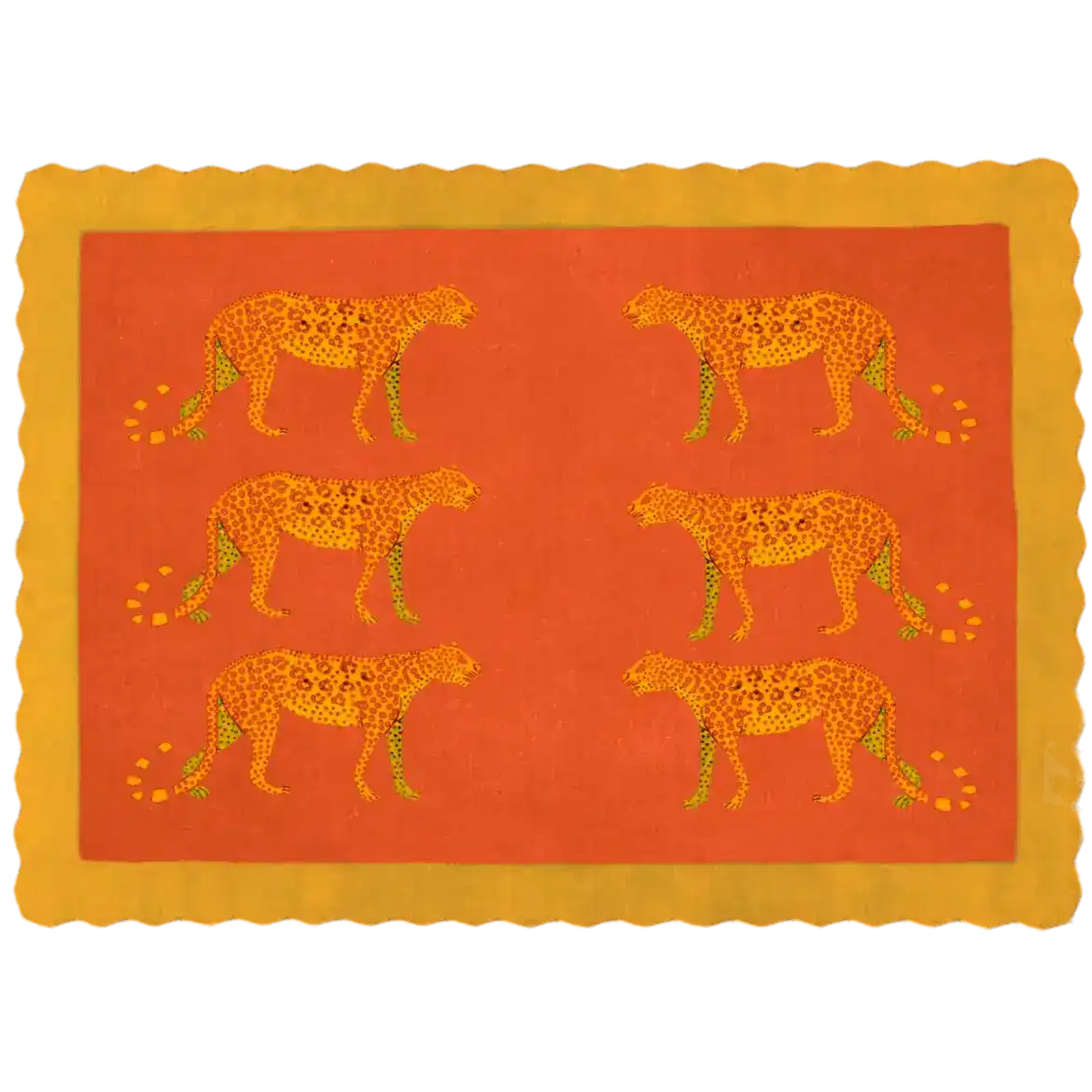 A vibrant hand-tufted wool area rug featuring gold leopard designs against a rich desert orange background, perfect for dining rooms and living room spaces. This 8x10 rug adds a bold touch to living room decor with its scalloped edges and striking pattern.