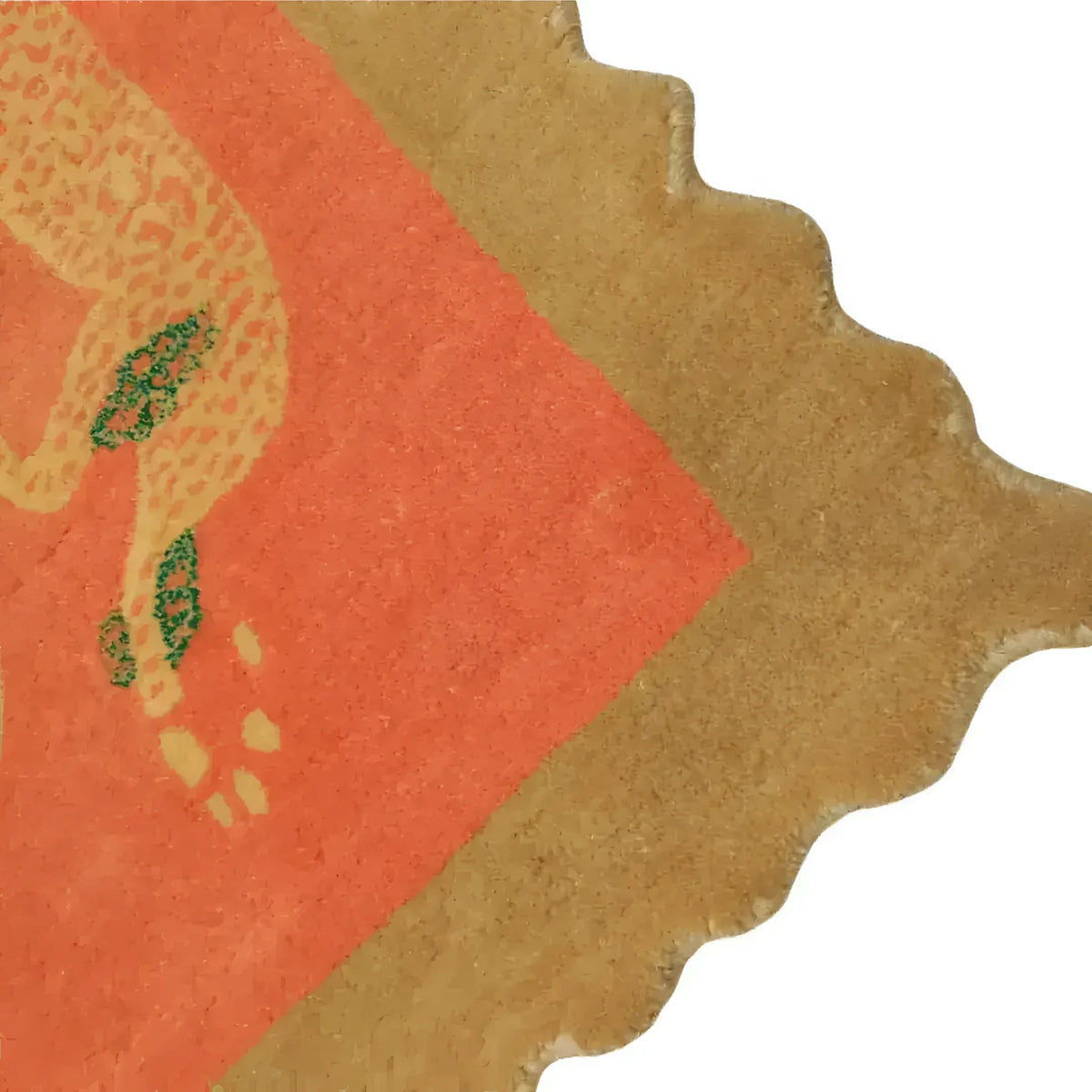 Close-up of the Gold Leopards in the Desert Scalloped Hand-Tufted Wool Rug, featuring intricate leopard patterns on a vibrant orange backdrop. Ideal for a dining room or as a statement piece among rugs for the living room, this wool rug offers a unique scalloped edge design, perfect for adding a touch of elegance to living room spaces, especially in an 8x10 setting.