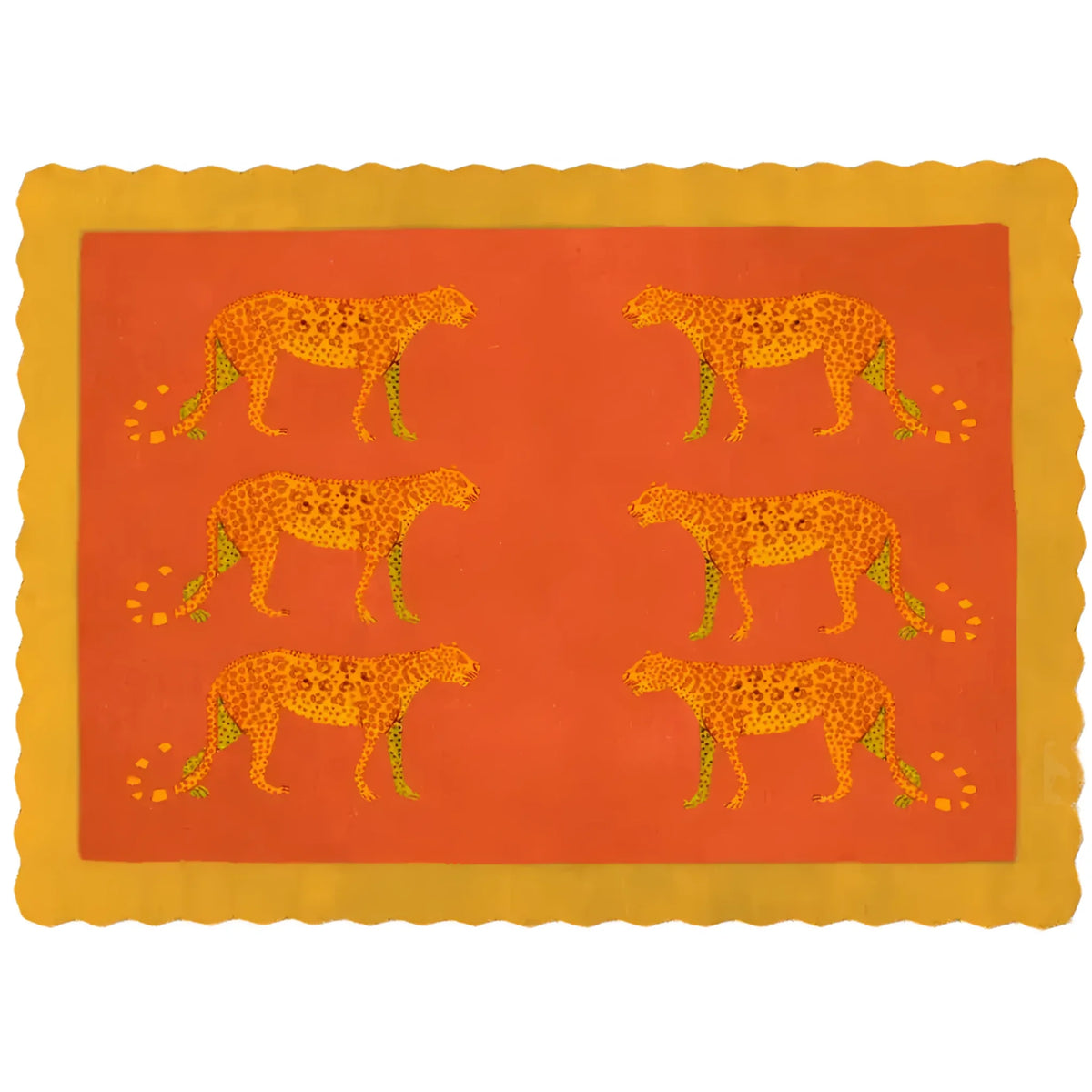 A vibrant hand-tufted wool area rug featuring gold leopard designs against a rich desert orange background, perfect for dining rooms and living room spaces. This 8x10 rug adds a bold touch to living room decor with its scalloped edges and striking pattern.
