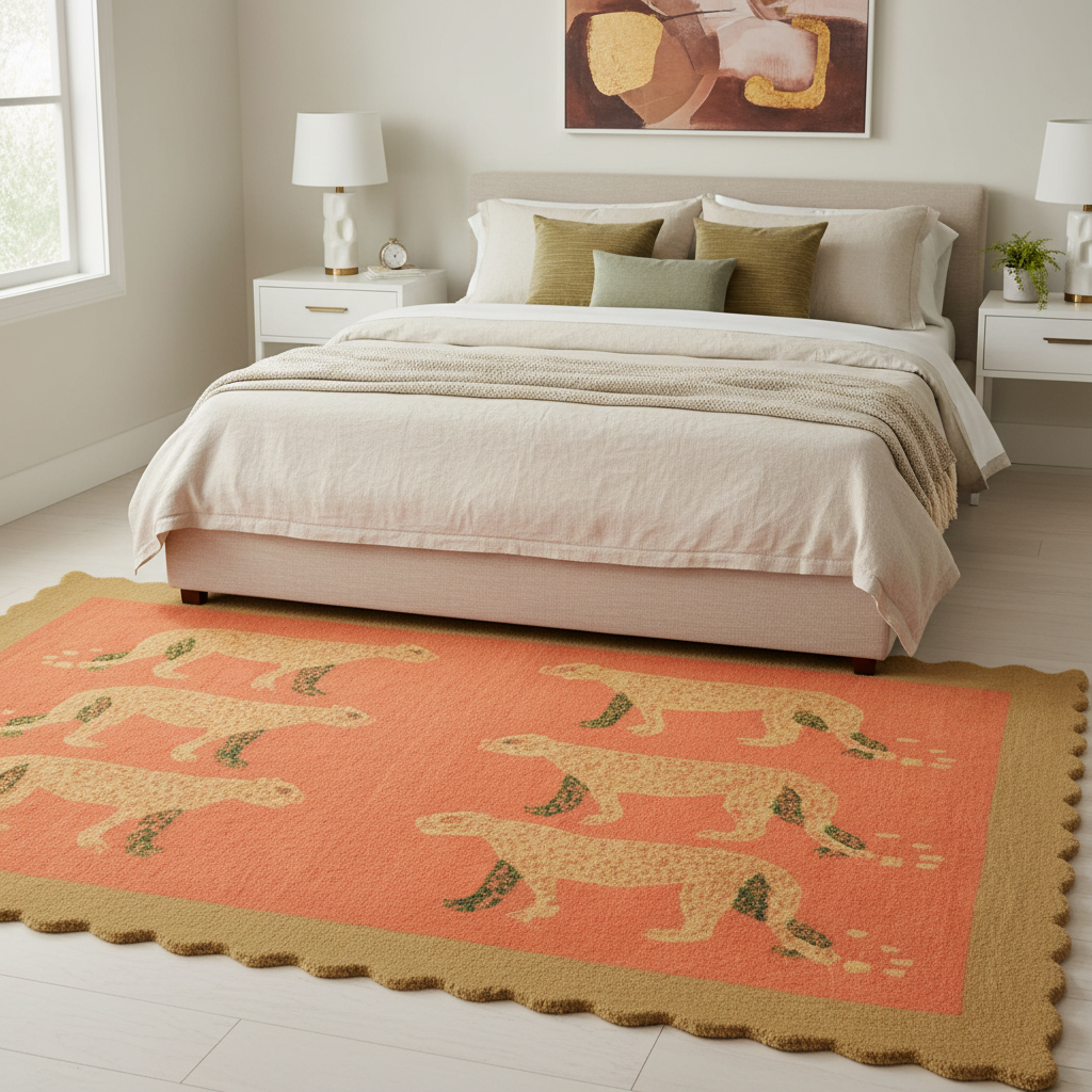 Gold Leopards in the Desert Scalloped Hand-Tufted Wool Rug