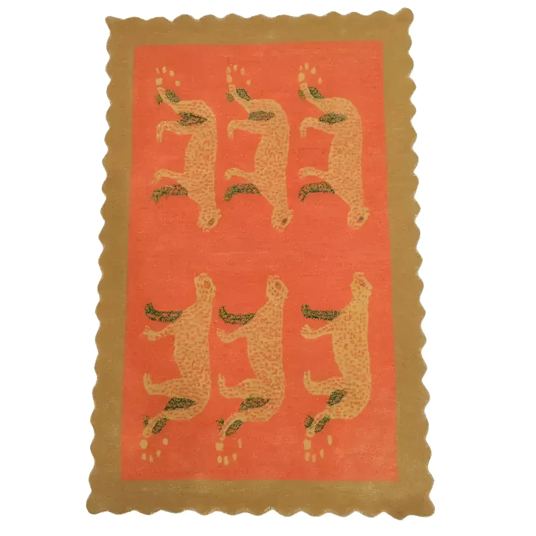 This area rug features a striking design of leopards on a desert-colored background, perfect for adding a touch of the wild to your living room or dining room. The scalloped edges and hand-tufted wool construction make it a luxurious choice for those seeking unique rugs for living room decor. Ideal for larger spaces, this 8x10 wool rug combines artistry with functionality.