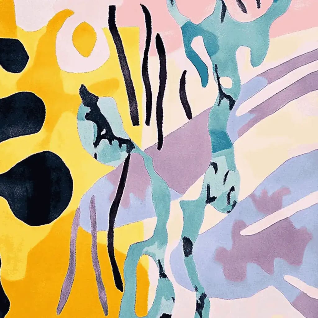 A vibrant area rug featuring a contemporary abstract design with swirling patterns in shades of yellow, teal, pink, and black. This wool rug is perfect for adding a splash of color to any living room, embodying a modern artistic flair.