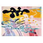 The image showcases the 'Golden Abstract Reef Dance Hand Tufted Rug', a vibrant area rug perfect for a contemporary living room. This wool rug features an abstract design with bold splashes of yellow, black, pink, and blue, creating a dynamic visual appeal ideal for modern decor.