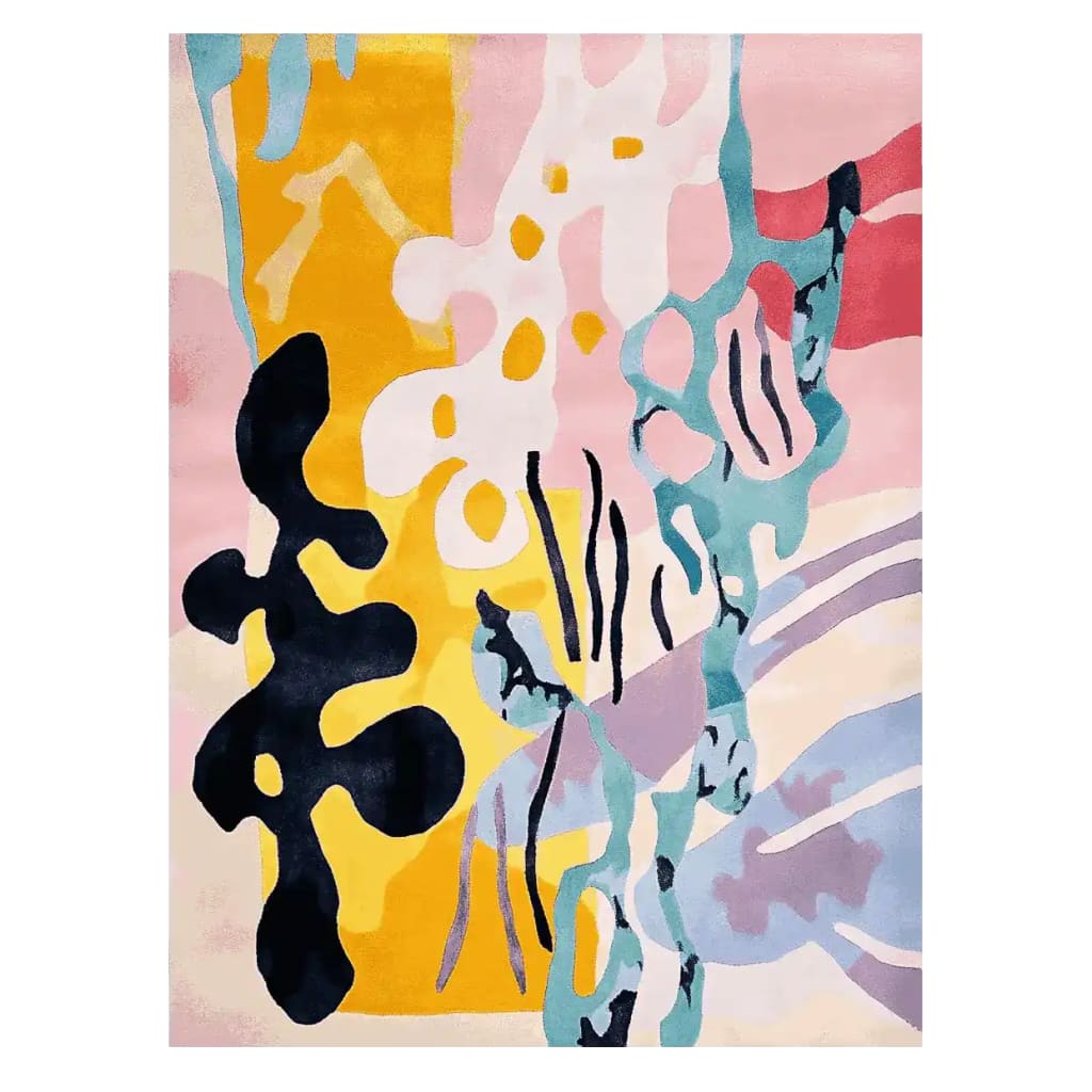 A vibrant Golden Abstract Reef Dance hand-tufted area rug, showcasing a contemporary design with bold splashes of yellow, pink, blue, and black. This wool rug is perfect for adding an artistic flair to living rooms, making it an ideal choice for those seeking unique area rugs for living room decor.