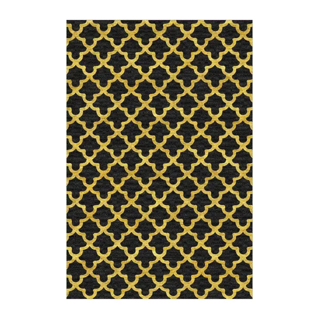 Luxurious Golden Art Deco Scale Black Tufted Area Rug, perfect for adding elegance to any bedroom or living room. This wool rug features a striking gold pattern on a black background, ideal for contemporary living room area rugs.