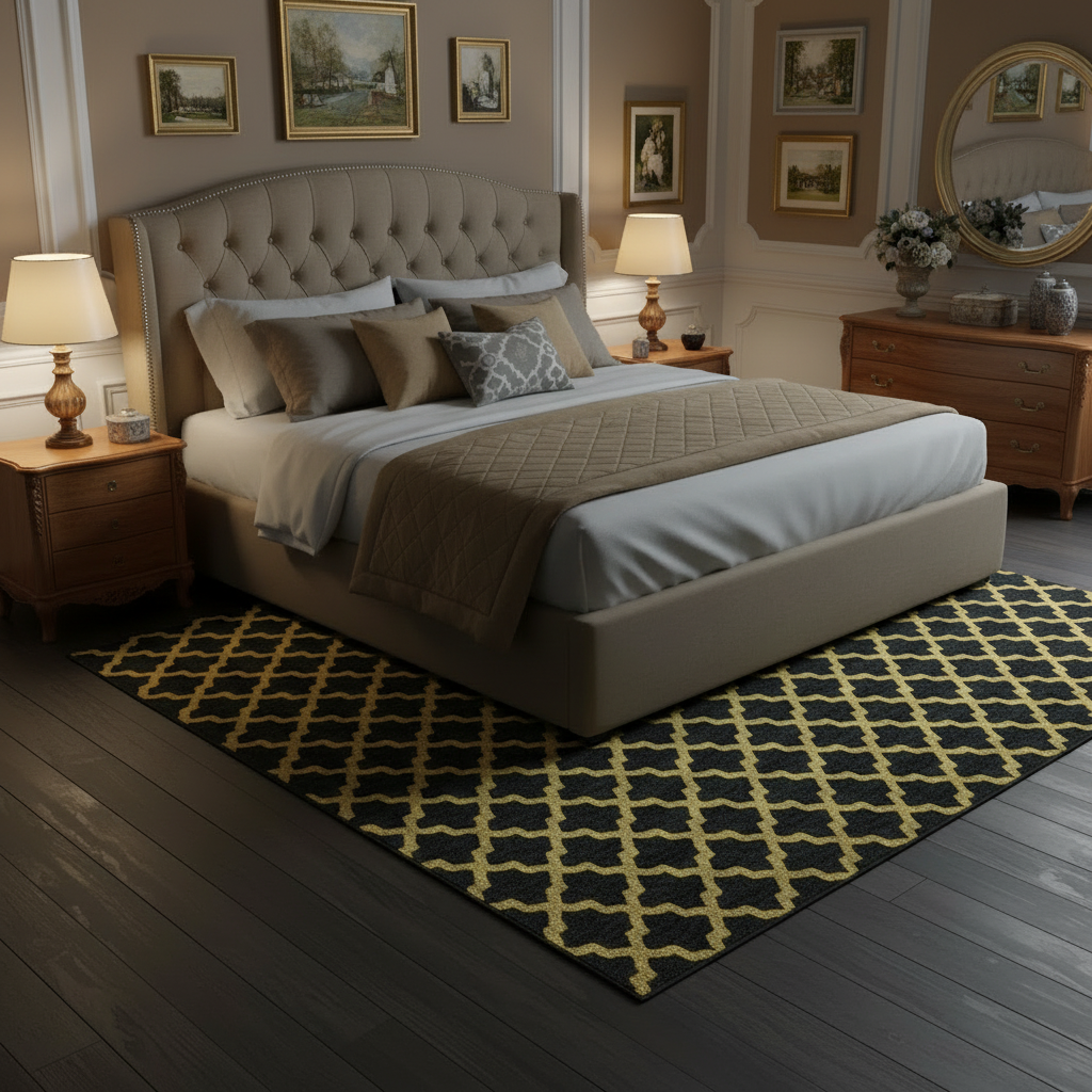 Neatly made bed in a bedroom with an abstract wool rug, decorative pillows and lamps.