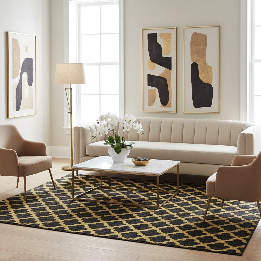 Modern living room with a beige sofa, armchairs, an abstract wool rug, and abstract art on the wall.