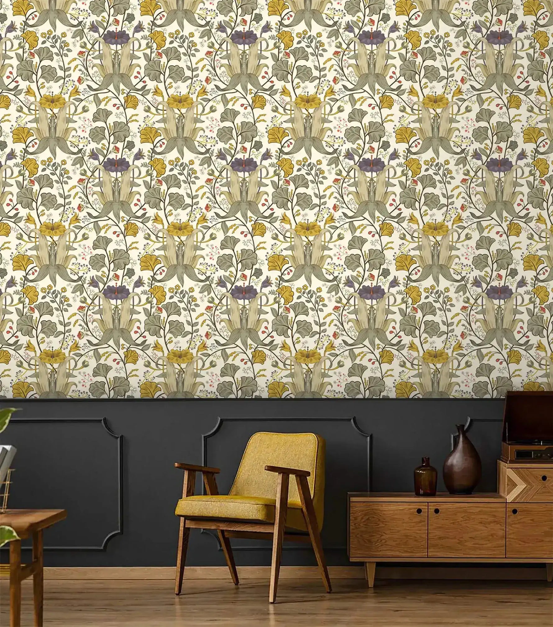 Vintage golden blooms floral wallpaper on cream with purple accents above dark wainscoting, mustard chair nearby