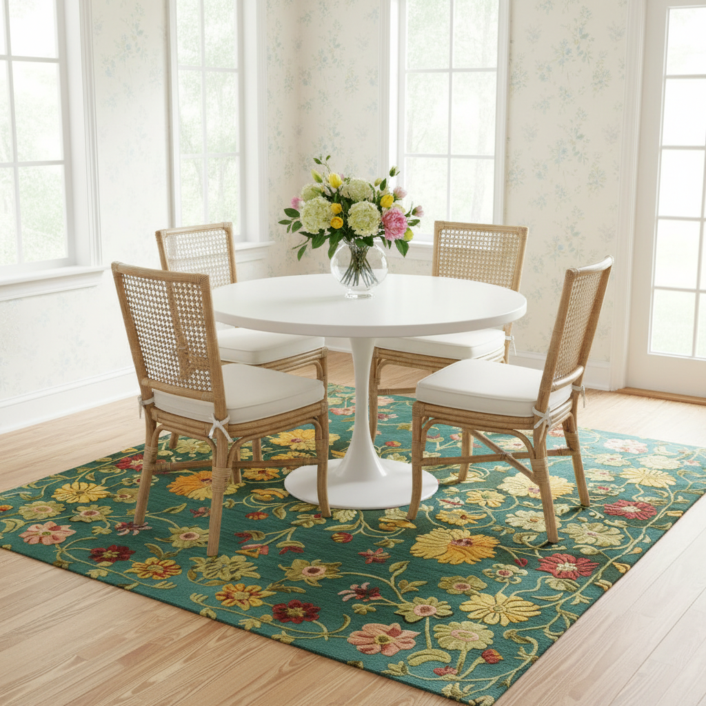 Dining set on golden blossom Persian rug, teal field with yellow and gold floral border