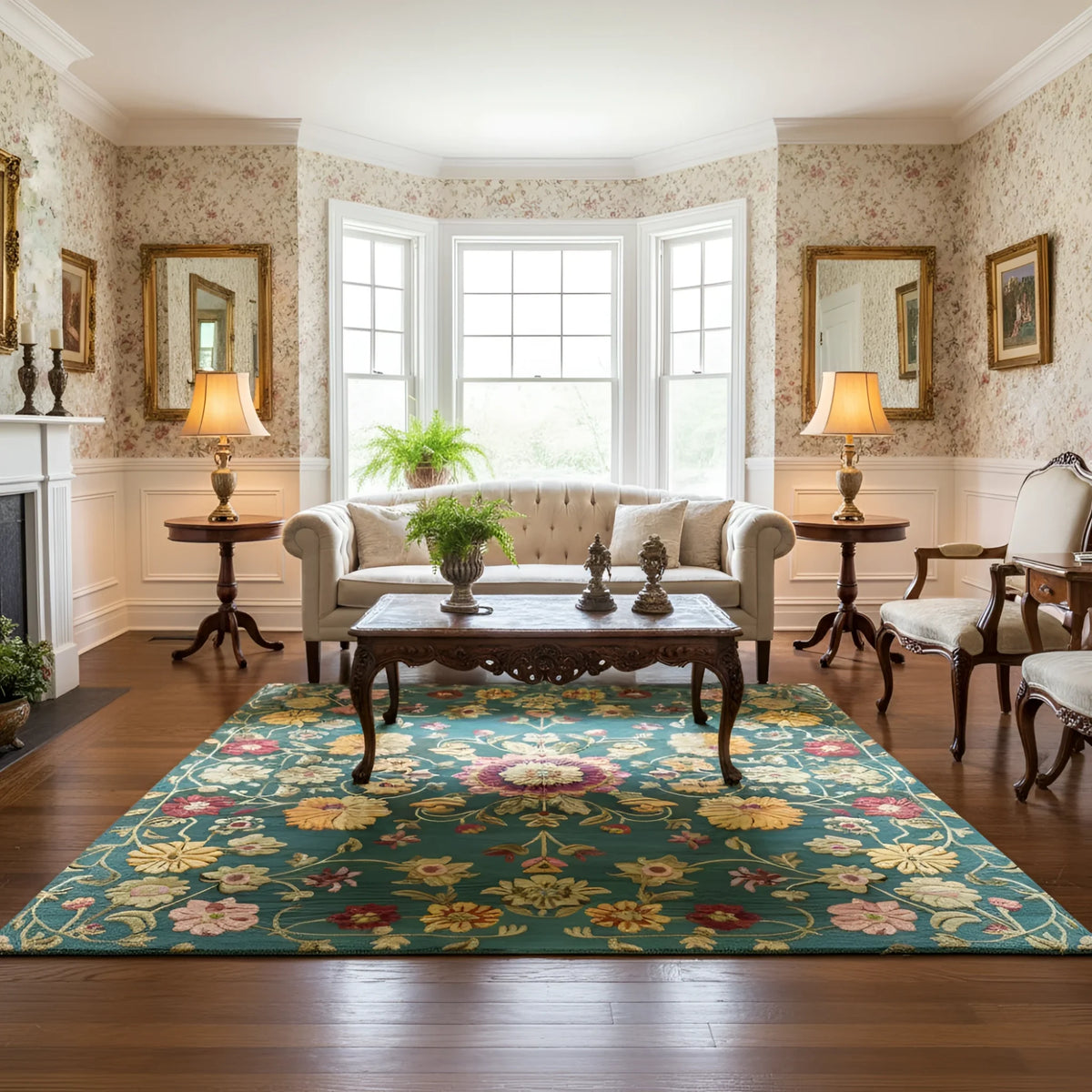 Teal golden blossom Persian rug centered in a traditional living room with antique furniture