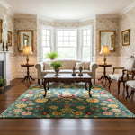 Teal golden blossom Persian rug centered in a traditional living room with antique furniture