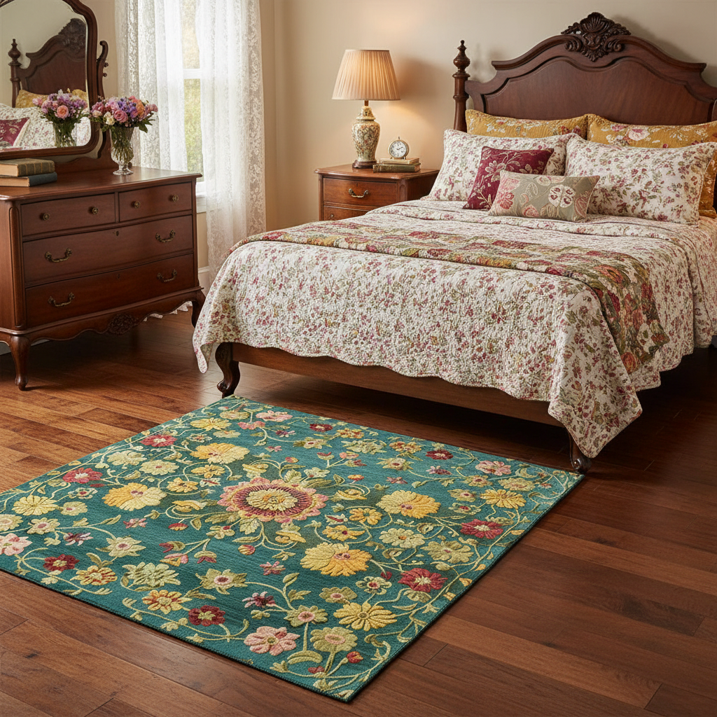 Bedroom with teal golden blossom Persian rug of gold and pink florals on wood floor