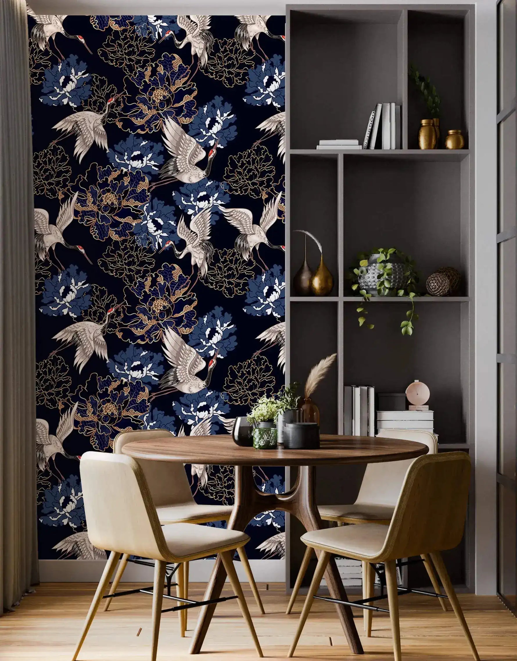 Golden crane flight wallpaper feature wall, white cranes and blue peonies on navy beside a dining table