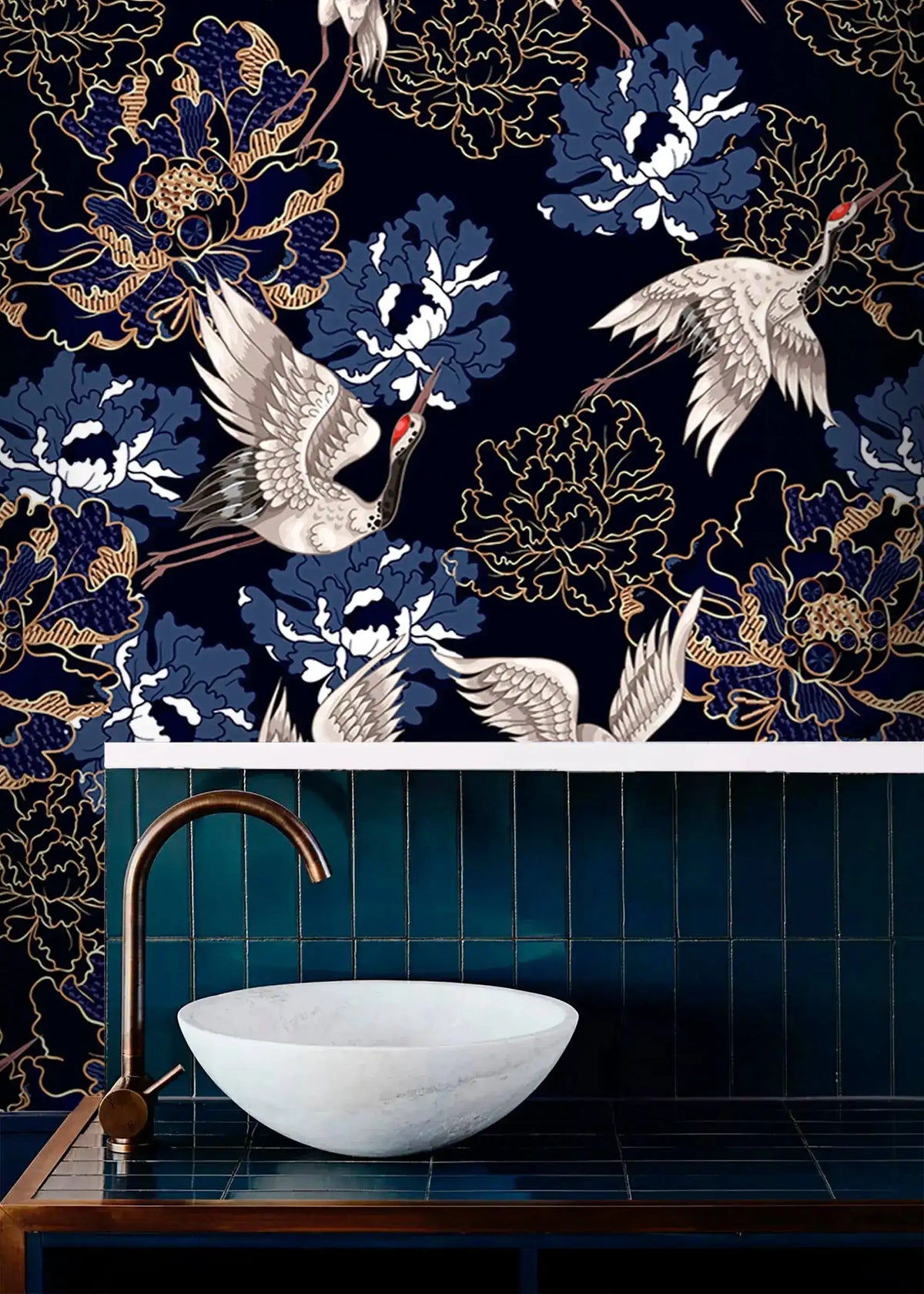 Golden crane flight wallpaper in a bathroom, white cranes and blue peonies on navy above teal tile