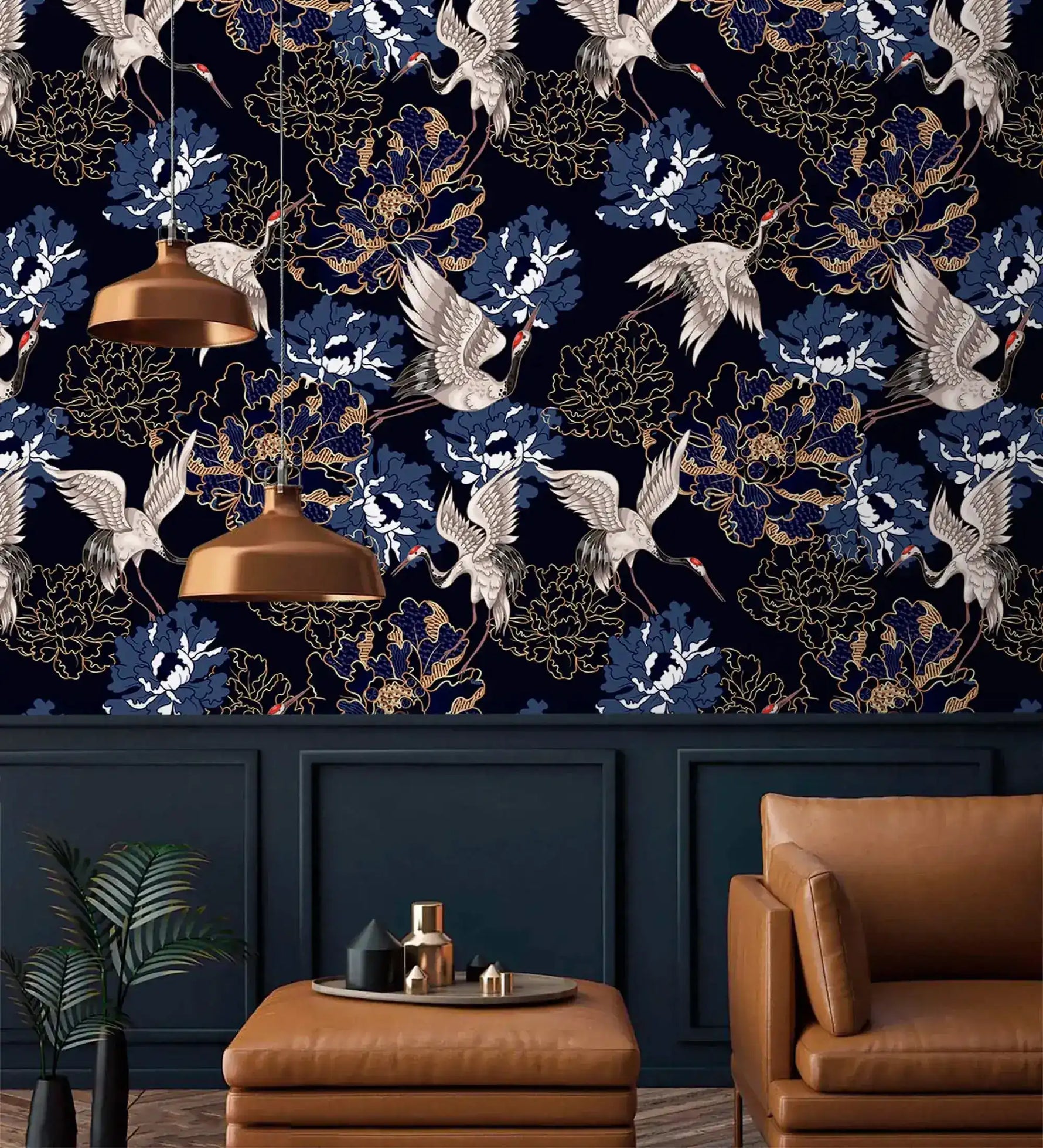 Golden crane flight wallpaper over navy paneling with copper pendants, white cranes among blue peonies