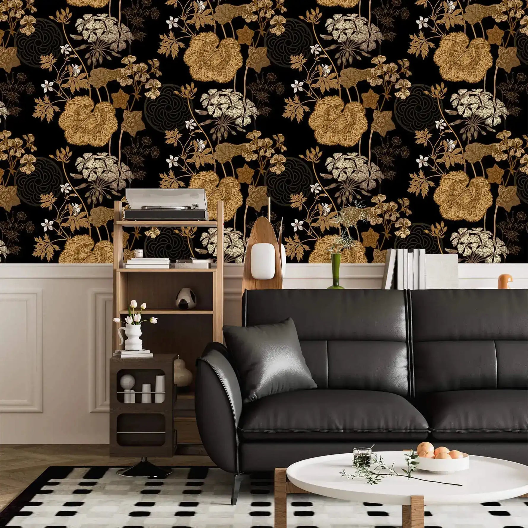 Black leather sofa and shelf set against golden creeper vine wallpaper above white panelling