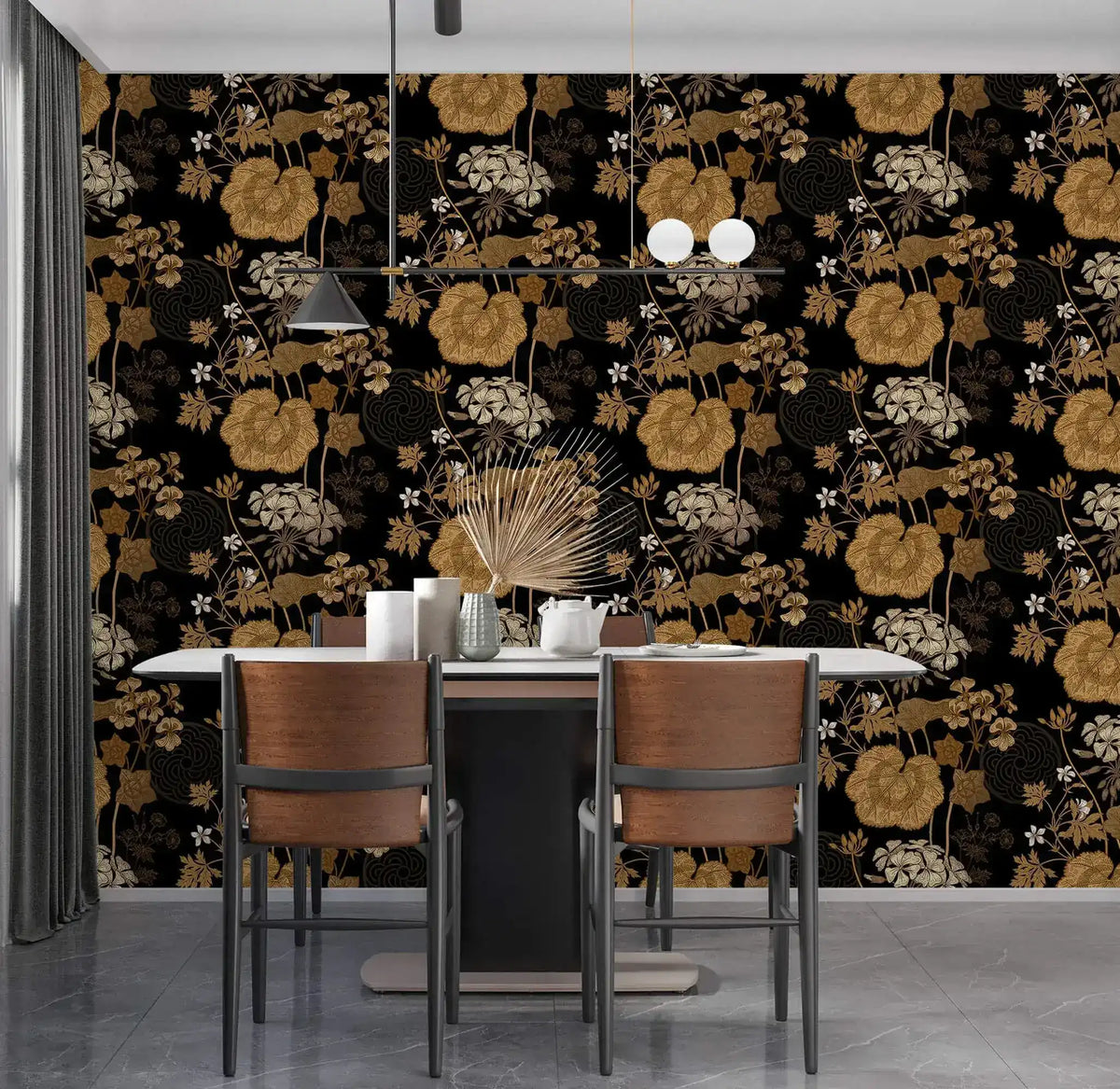 Dining table and chairs in front of golden creeper vine wallpaper, gold florals on black