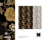 Golden creeper vine wallpaper detail with leaf close-up and panel sizing in inches and centimetres