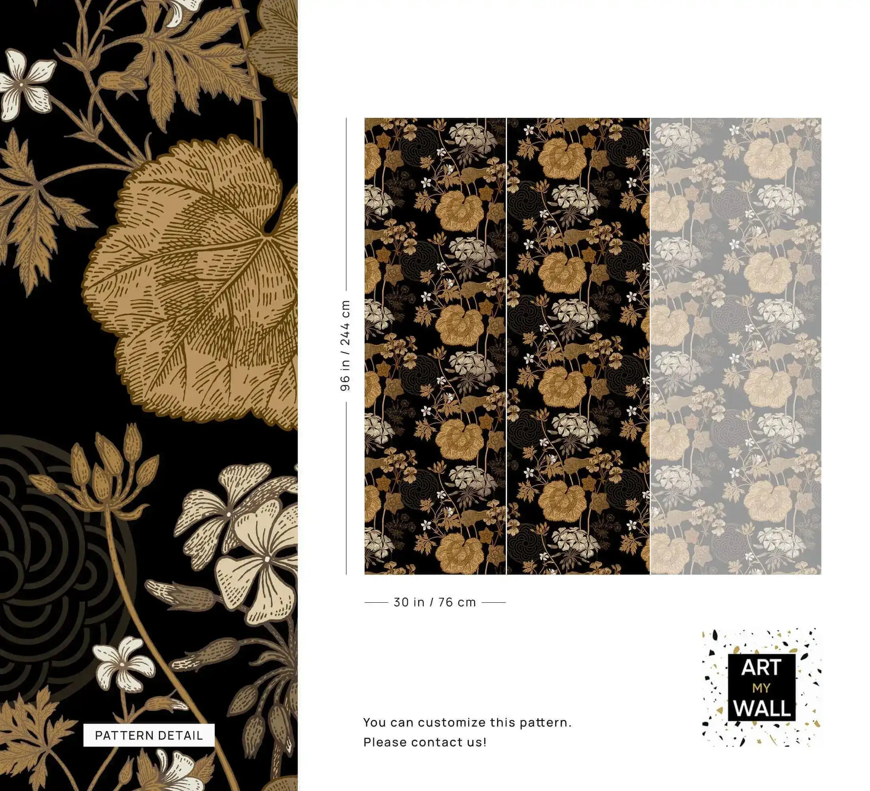Golden creeper vine wallpaper detail with leaf close-up and panel sizing in inches and centimetres