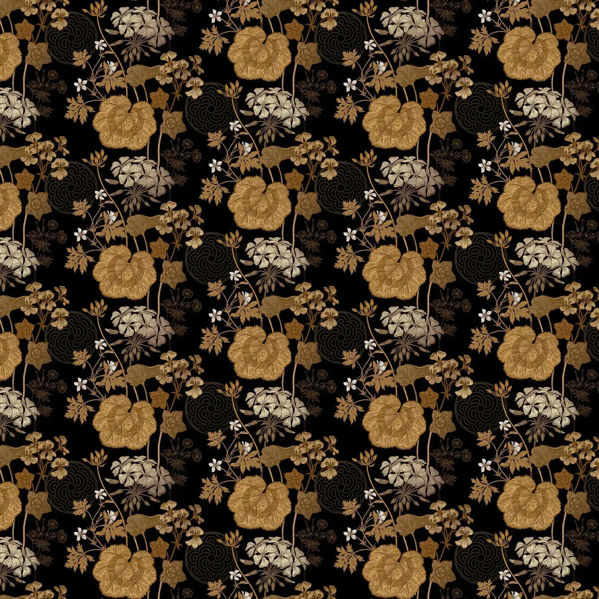 Golden and cream flowers and leaves on a black ground, golden creeper vine wallpaper swatch