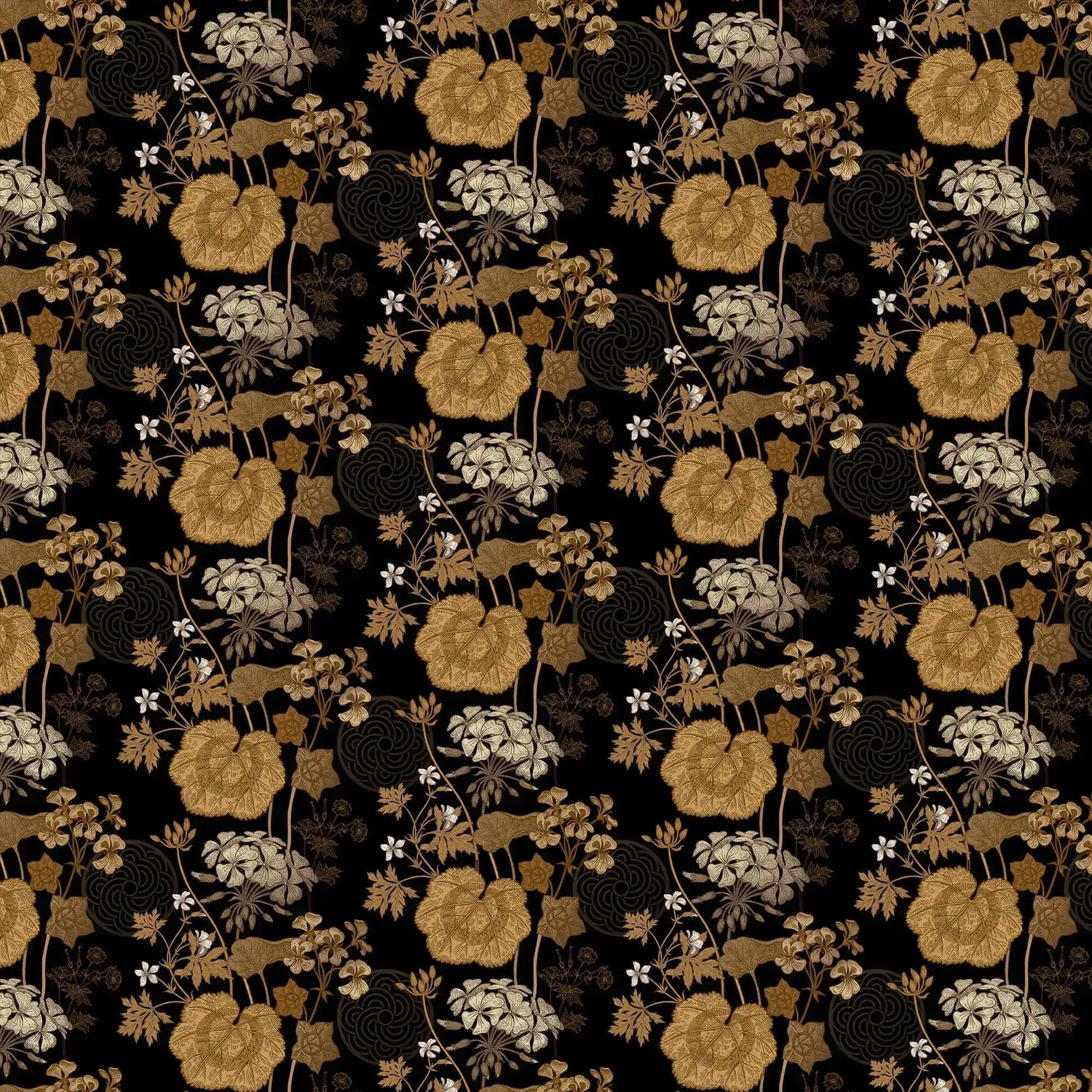 Golden and cream flowers and leaves on a black ground, golden creeper vine wallpaper swatch