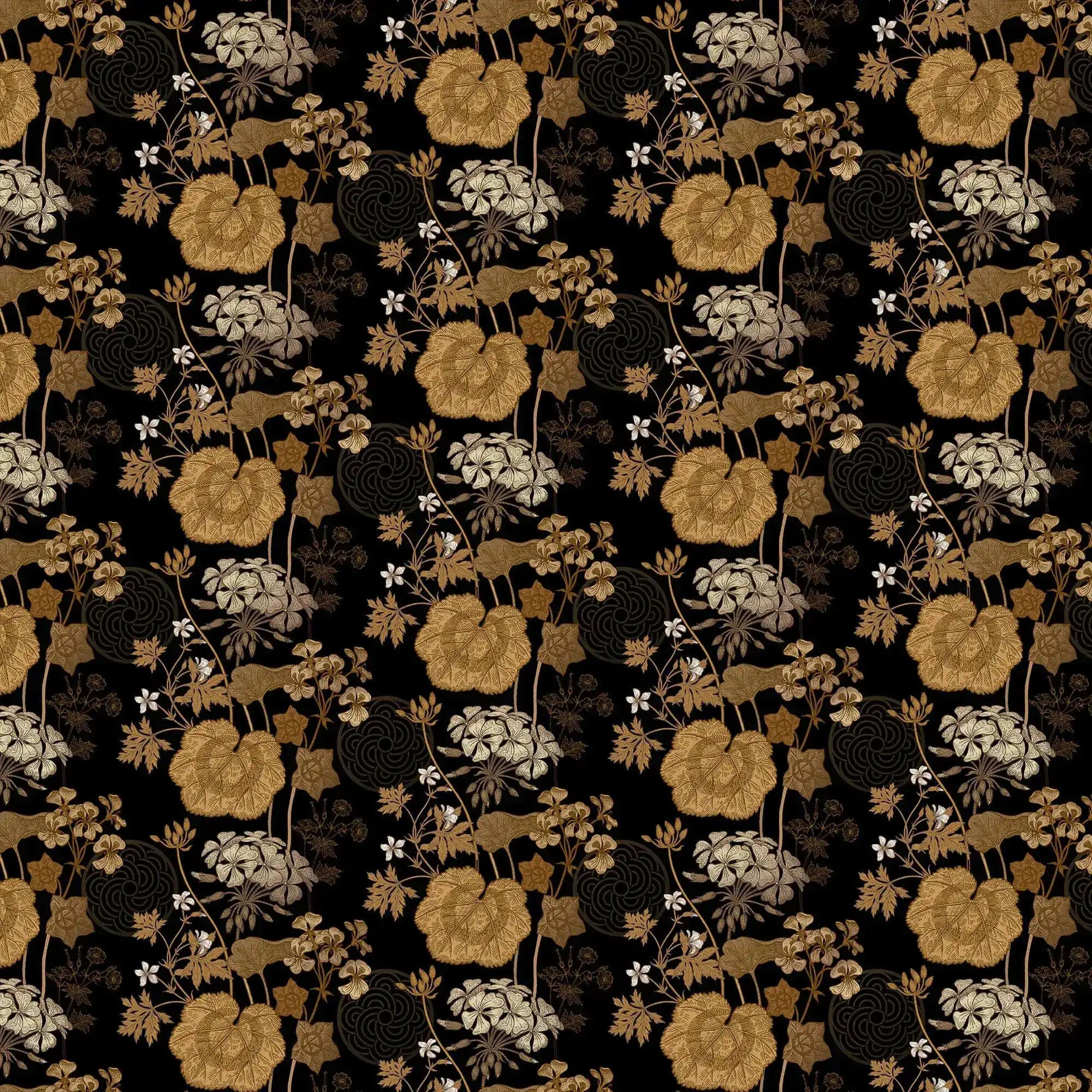 Golden and cream flowers and leaves on a black ground, golden creeper vine wallpaper swatch