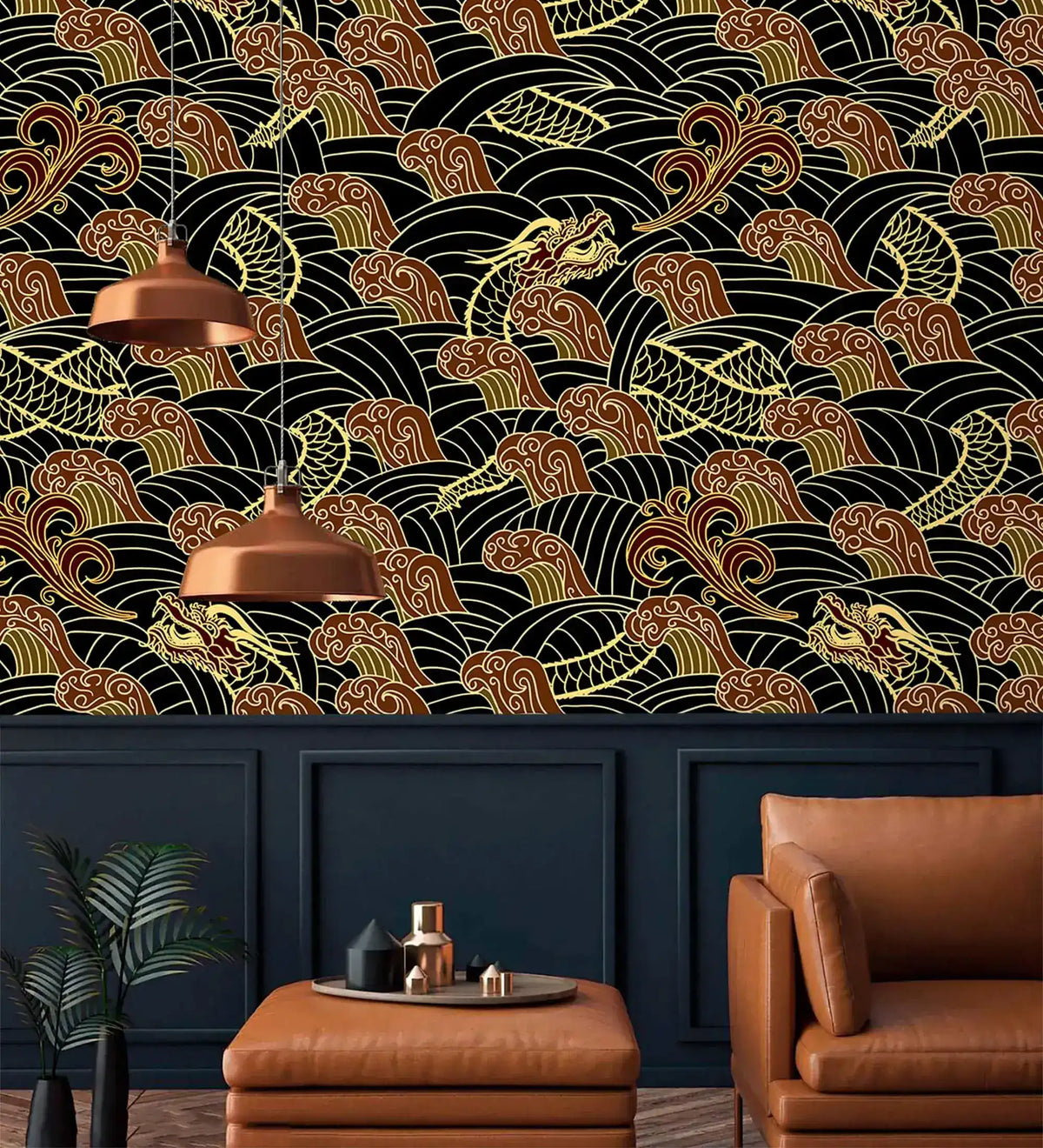 Golden dragon and wave wallpaper in dark room with copper pendant lamps and tan leather seating