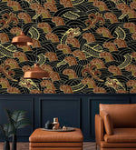 Golden dragon and wave wallpaper in dark room with copper pendant lamps and tan leather seating