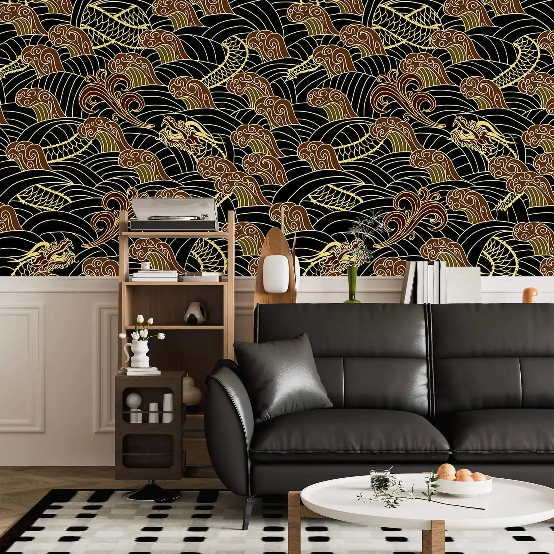 Golden dragon waves wallpaper above white wainscot in lounge with black leather sofa and record player