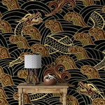 Golden dragon waves wallpaper detail behind wood console table with chevron lamp and bowl