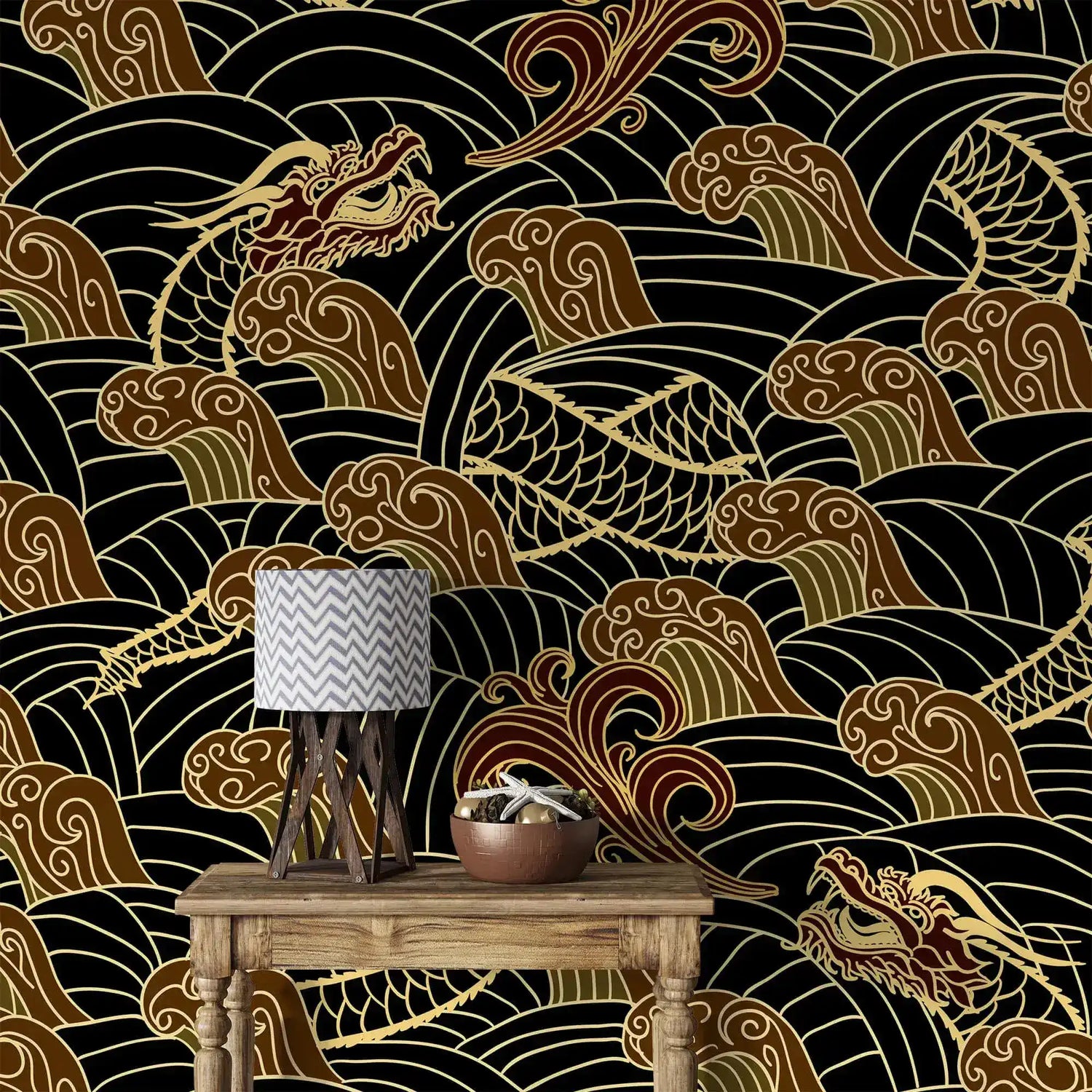 Golden dragon waves wallpaper detail behind wood console table with chevron lamp and bowl