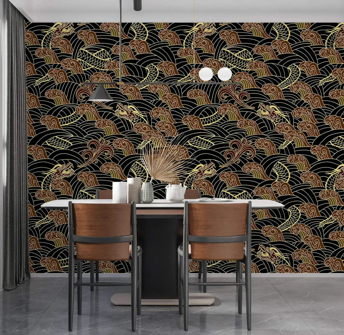 Golden dragon waves wallpaper feature wall in dining room with white table and wooden chairs
