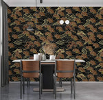 Golden dragon waves wallpaper feature wall in dining room with white table and wooden chairs