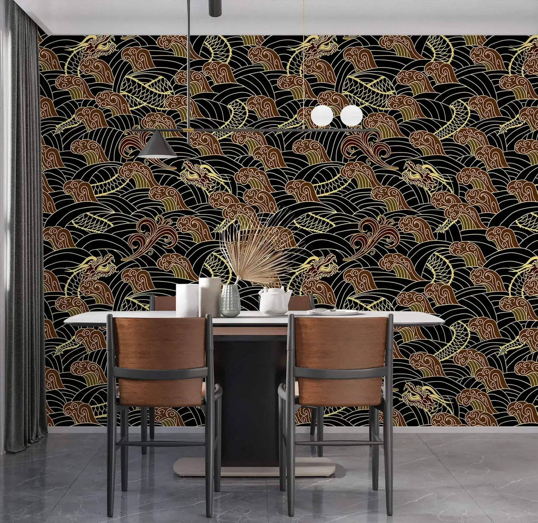 Golden dragon waves wallpaper feature wall in dining room with white table and wooden chairs