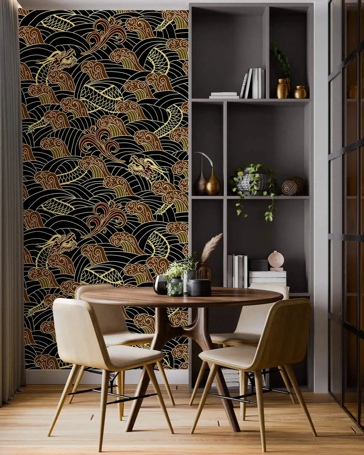 Golden dragon waves wallpaper in dining nook with round wood table, cream chairs and gray shelves