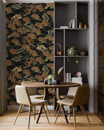 Golden dragon waves wallpaper in dining nook with round wood table, cream chairs and gray shelves