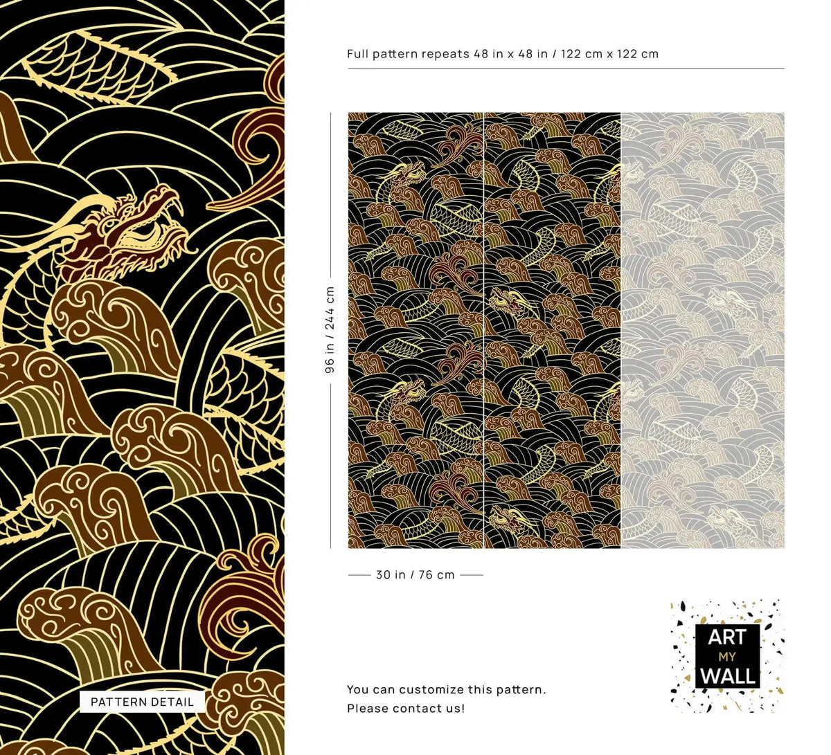 Golden dragon waves wallpaper spec sheet with pattern detail and panel repeat dimensions diagram