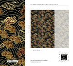 Golden dragon waves wallpaper spec sheet with pattern detail and panel repeat dimensions diagram