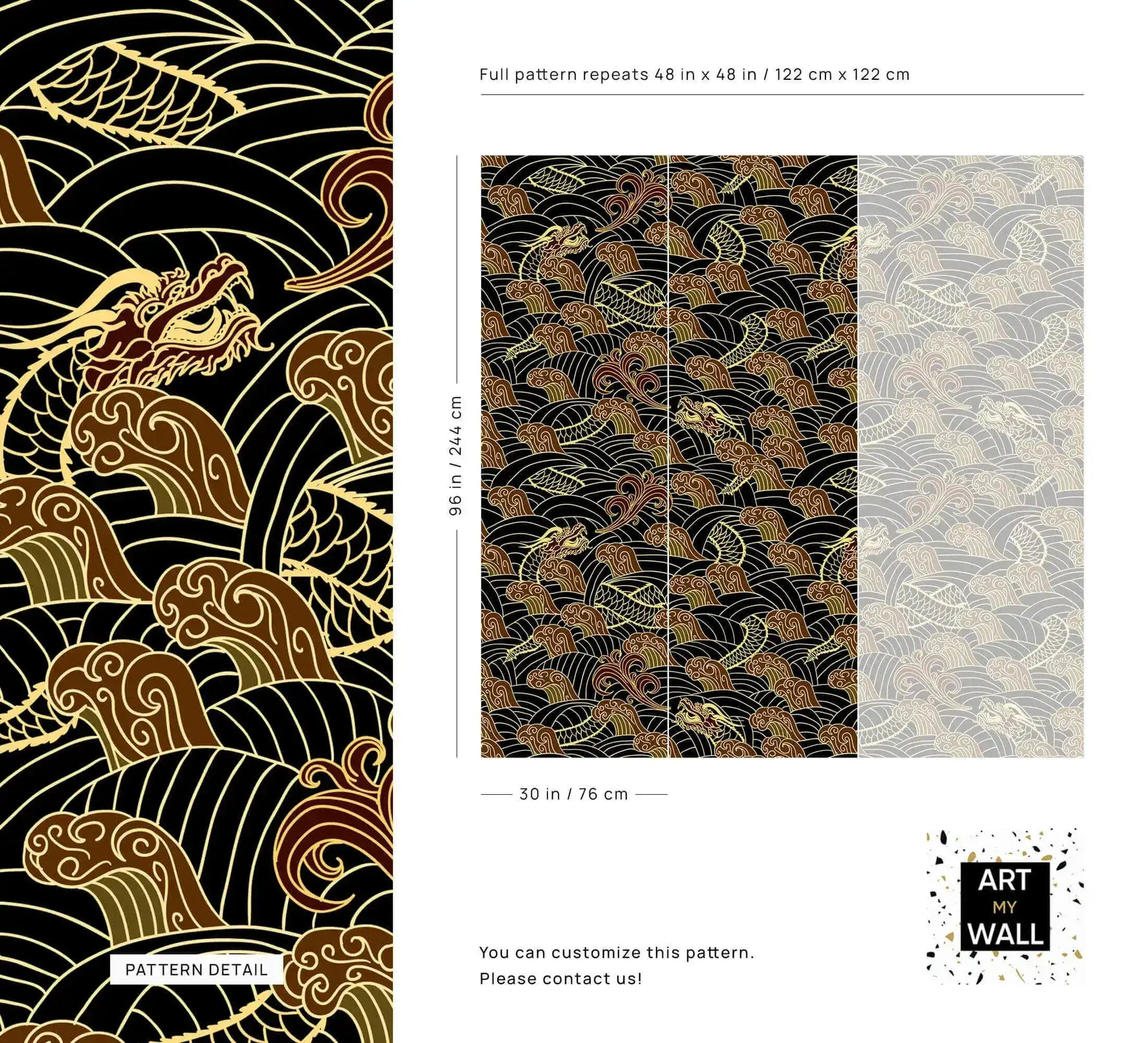 Golden dragon waves wallpaper spec sheet with pattern detail and panel repeat dimensions diagram
